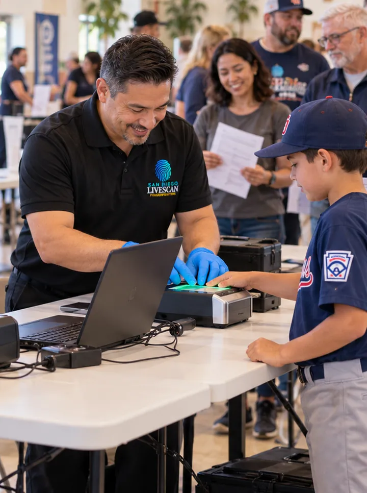 A San Diego Livescan technician fingerprinting a Little League player at a church hall Live Scan event