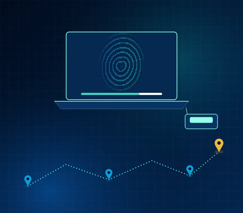 Illustration of a portable Live Scan station with a laptop and scanner traveling between locations